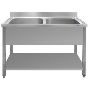 <strong>M2-44P Double-basin stainless steel sink with foot connection, cover, lower shelf and adjustable feet</strong>