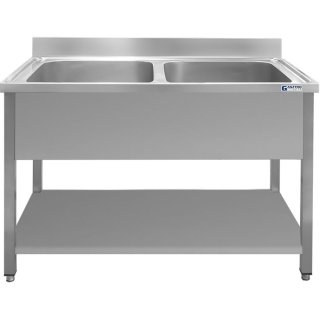 <strong>M2-45P Double-basin stainless steel sink with foot connection, cover, lower shelf and adjustable feet</strong>