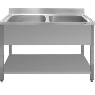 <strong>M2-55P Double-basin stainless steel sink with foot connection, cover, lower shelf and adjustable feet</strong>